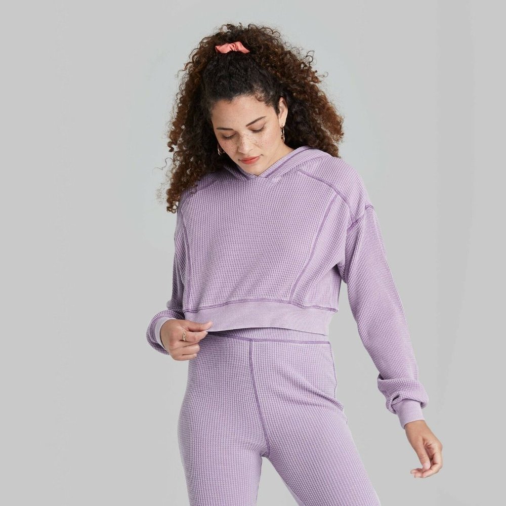 Wild Fable Women's Cropped Long Sleeve Pullover Waffle Hoodie Purple Medium NWT